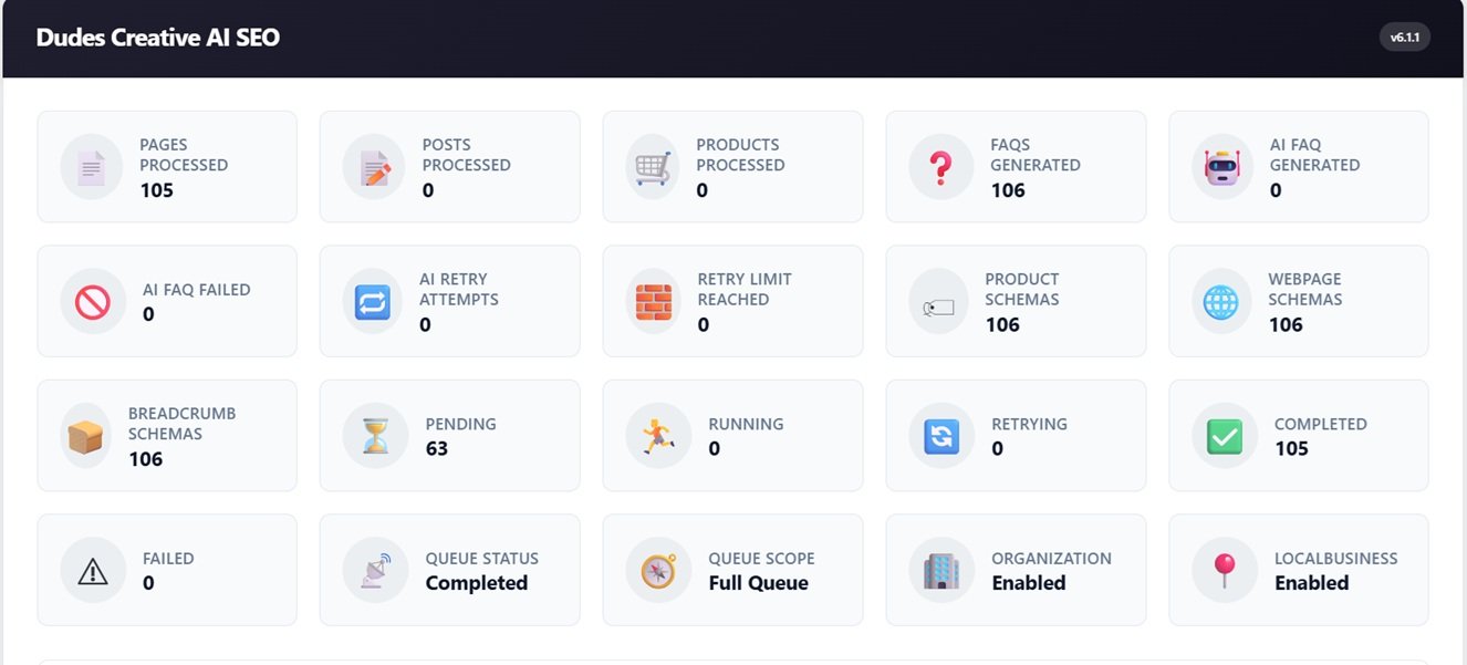 Dudes Creative AI SEO – Smart SEO Plugin for Schema, Meta Optimization, FAQs & On-Page SEO 1 Dudes Creative AI SEO – Smart SEO Plugin for Schema, Meta Optimization, FAQs & On-Page SEO